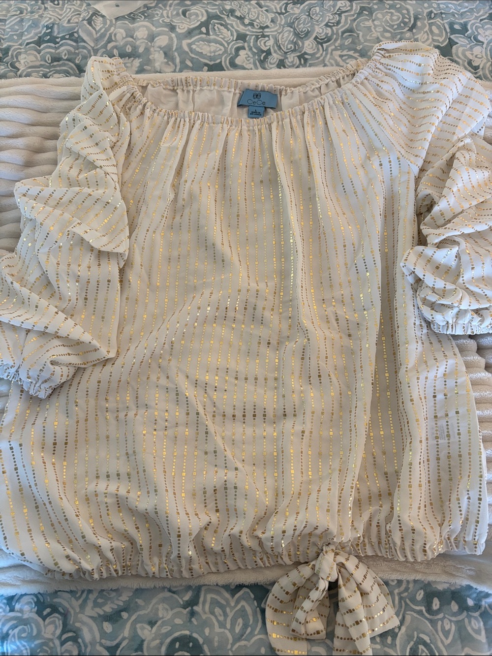CeCe Cream Blouse with Gold Metallic Stripes